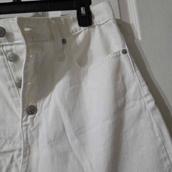 Madewell Rigid Denim A-Line High Waist Mini Skirt in Tile White, Button Fly, EUC - Picture 6 of 13